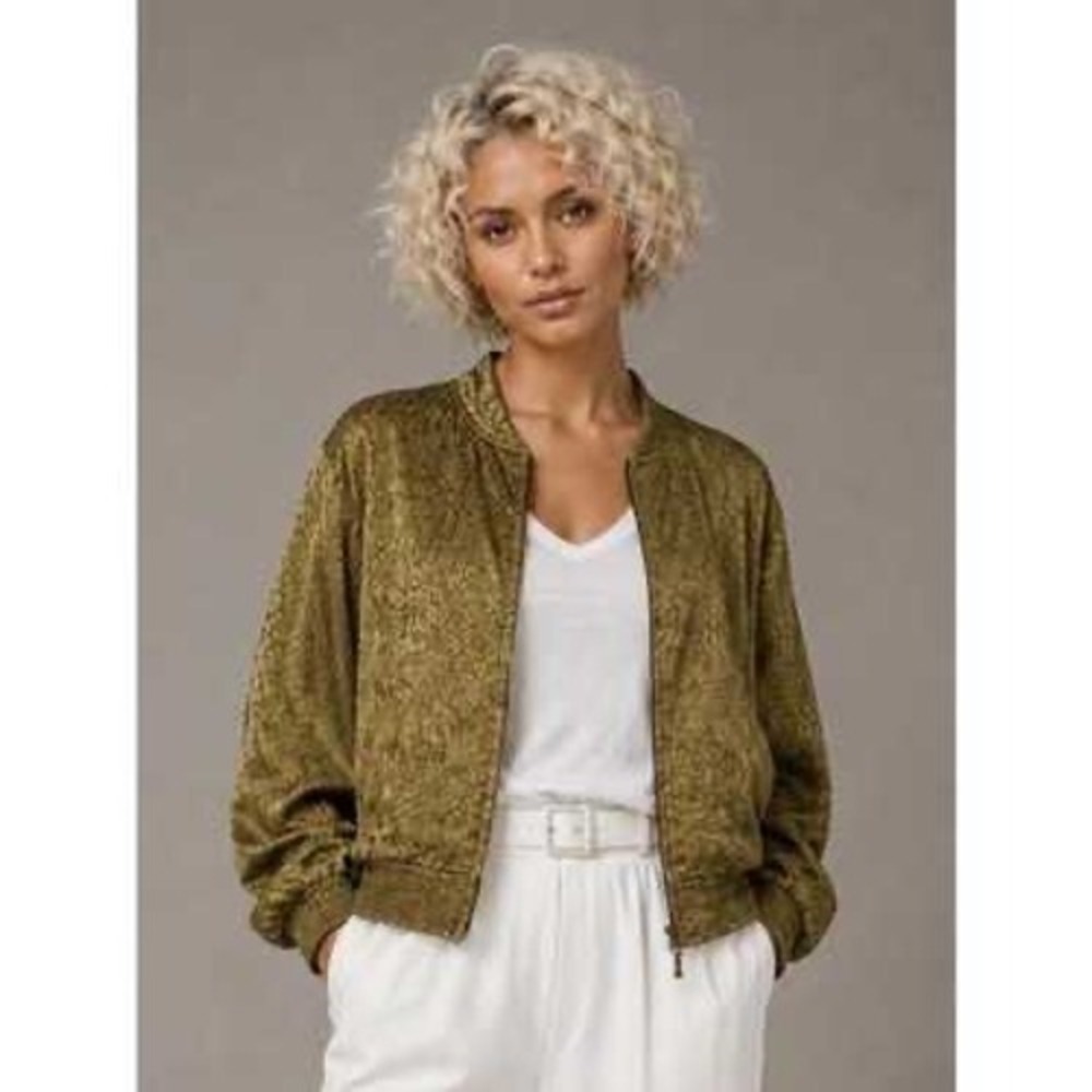 NEW Maeve Anthropologie Silkie Bomber Jacket Green Satin Burnout Sz M Boho Chic
